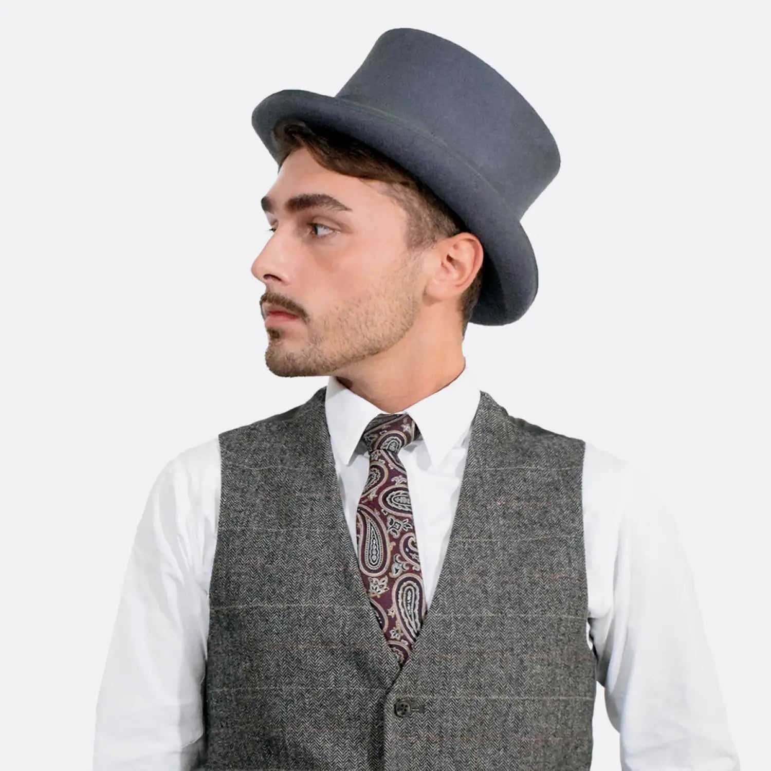 English men’s formal wool felt top hat worn by a man in grey vest and hat