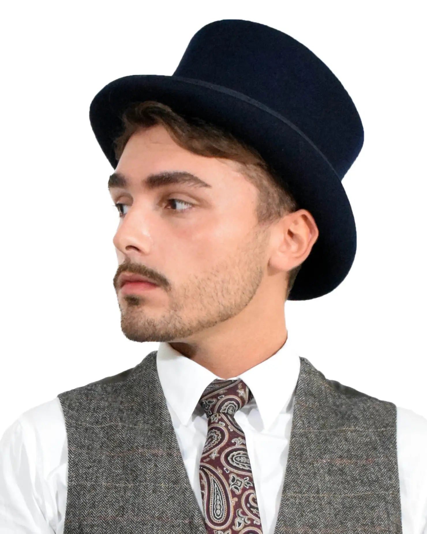 English men’s formal wool felt top hat featuring a man wearing a hat and vest.