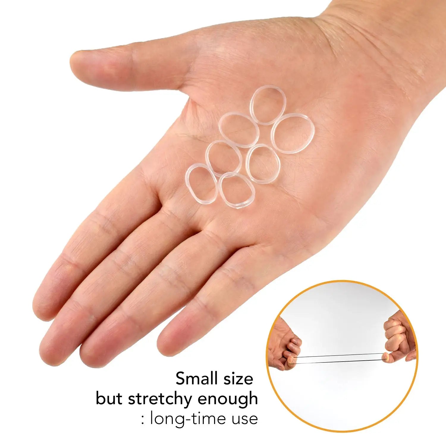 Extra strong mini rubber bands being displayed on a hand with a small plastic finger ring.