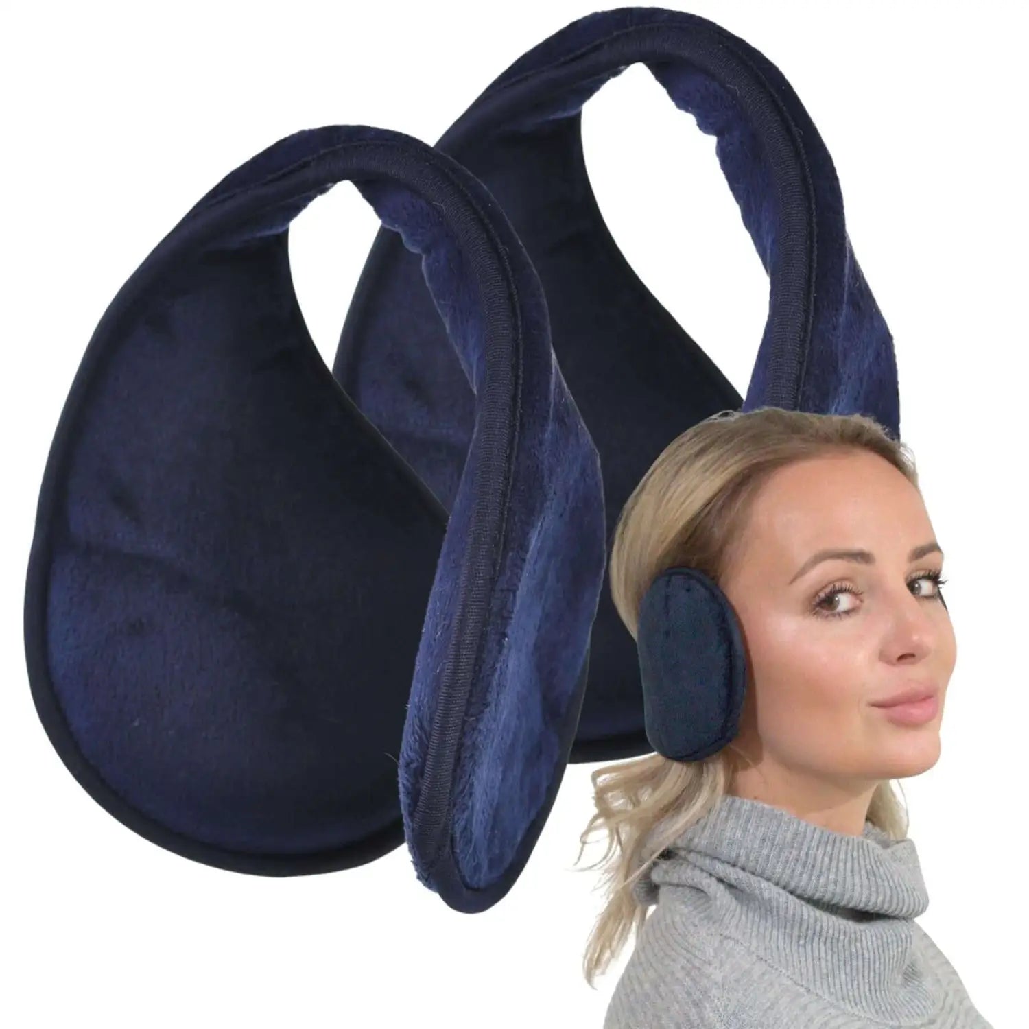 Extra wide winter ear muffs - woman wearing blue ear cushion