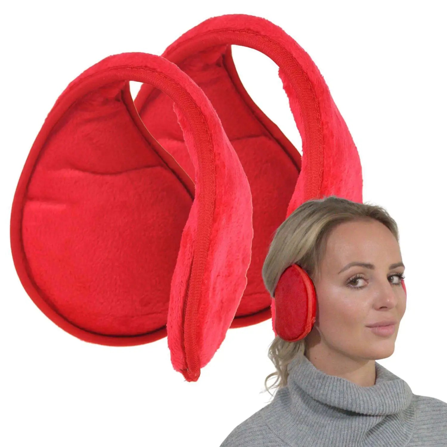 Extra Wide Winter Ear Muffs for Women - Soft Fleece Red Ear Warmer