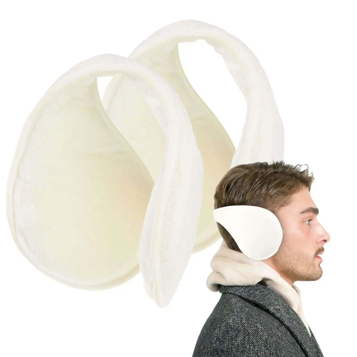 Extra wide winter ear muffs for men - man with white hat and scarf