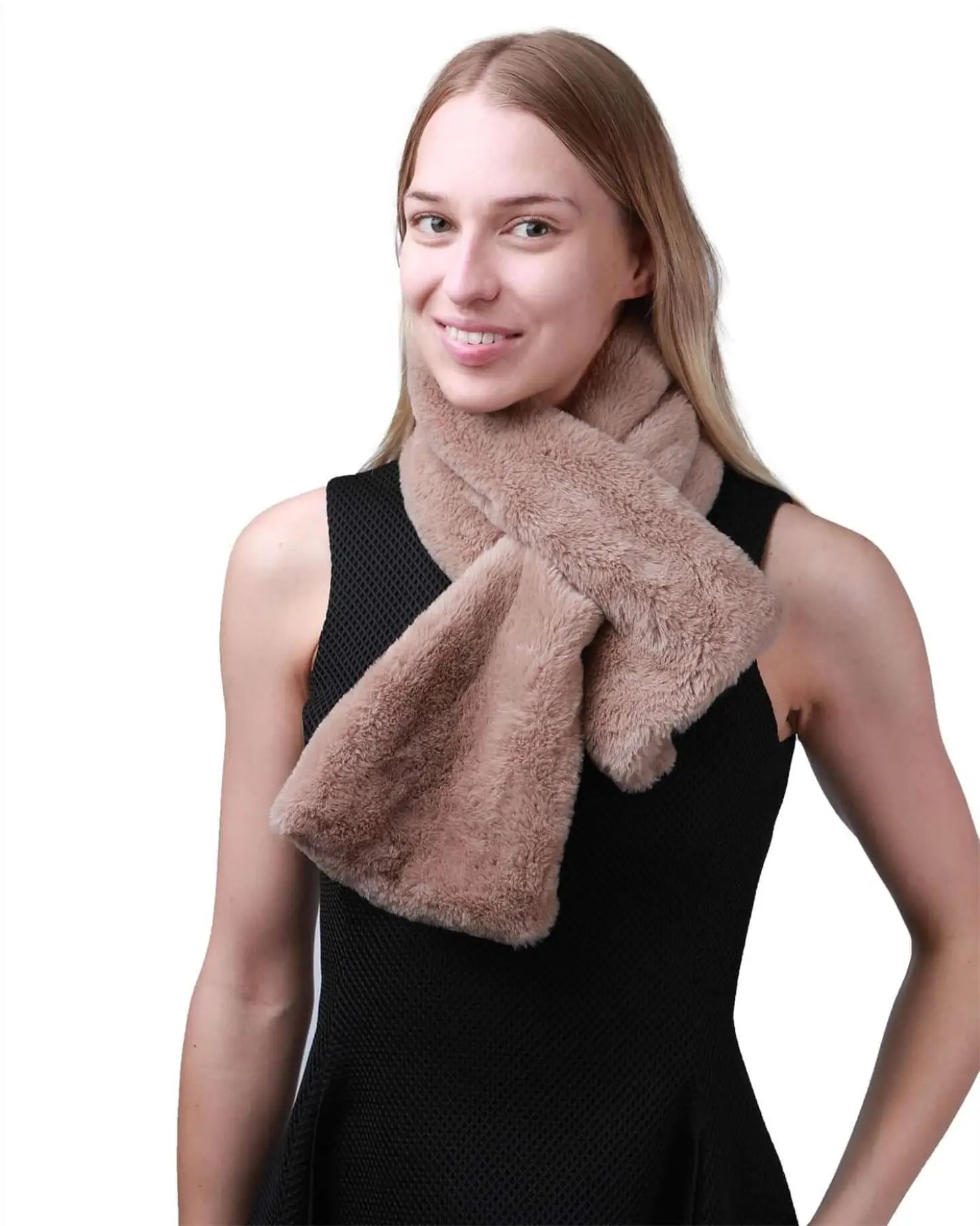 Faux fur collar scarf with built-in tie double-sided for women