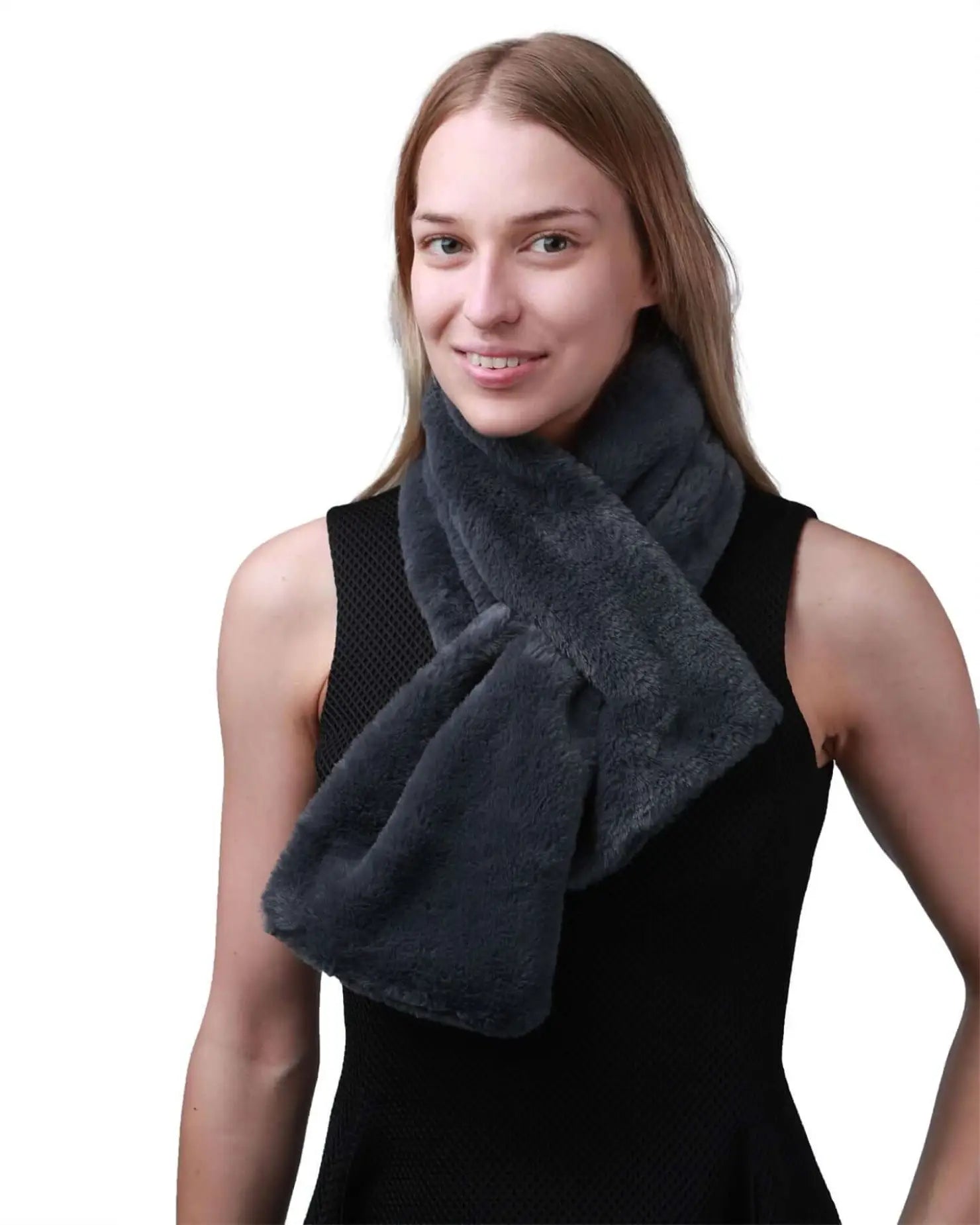Faux fur collar scarf worn by woman