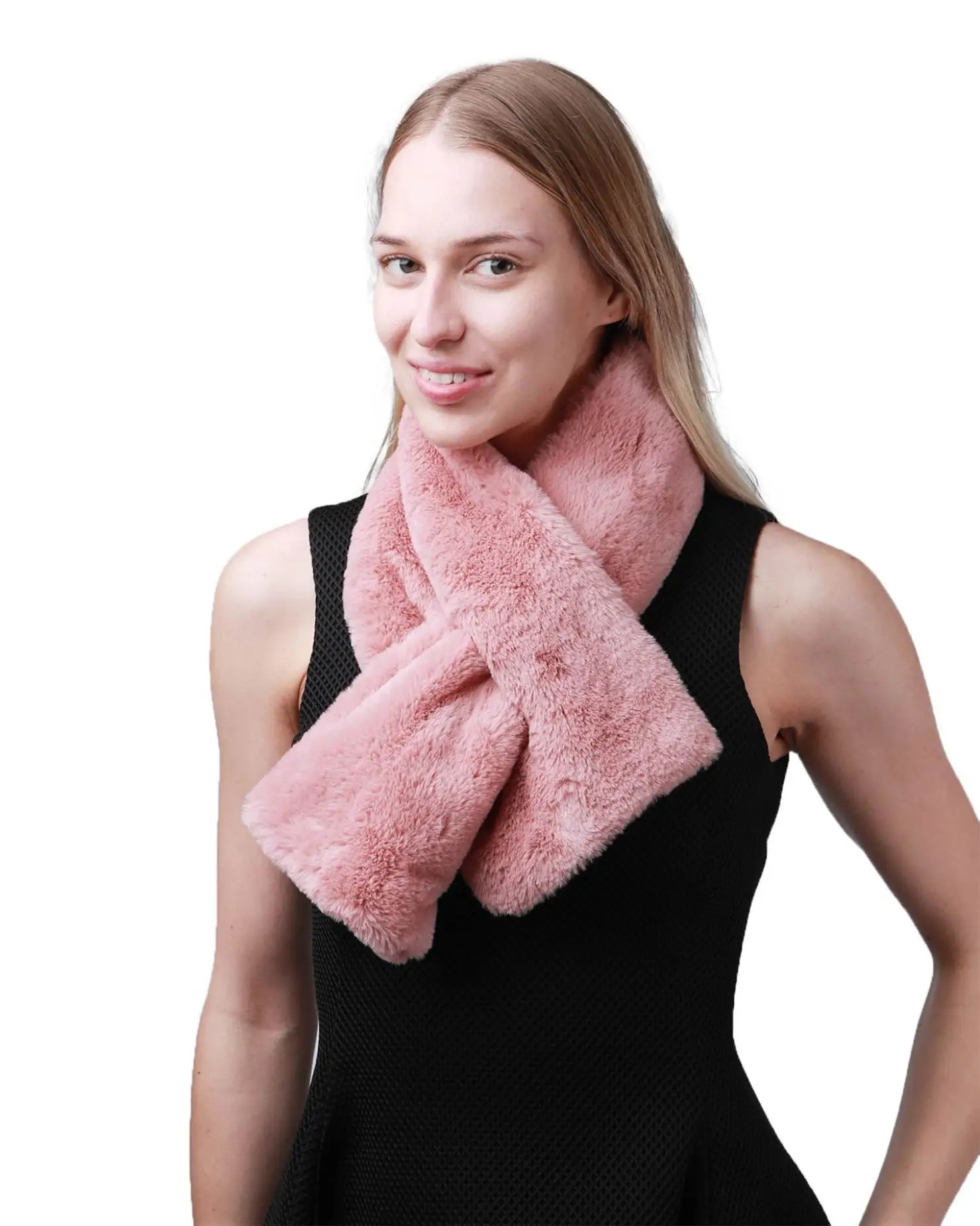 Pink faux fur collar scarf worn by woman