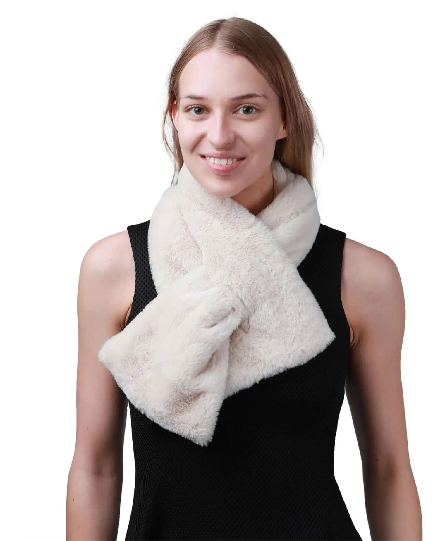 Woman wearing white faux fur collar scarf with built-in tie double-sided.