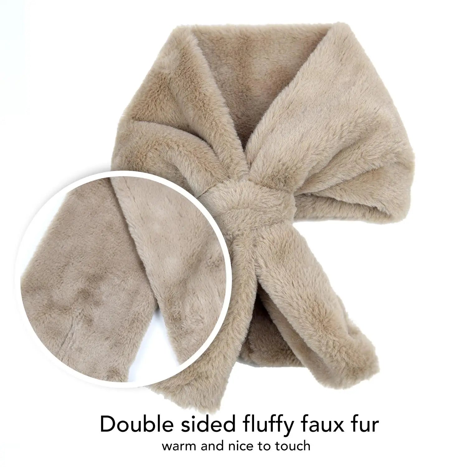 Faux fur collar scarf in beige and white background