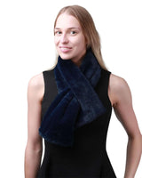 Woman wearing blue faux fur collar scarf with built-in tie double-sided