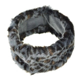 Faux fur leopard print headband with grey and brown fur collar