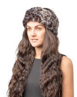 Faux fur leopard print headband for winter & autumn - woman wearing fur hat.