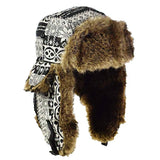 Faux Fur Lined Thermal Winter Trapper Hat in Black and White