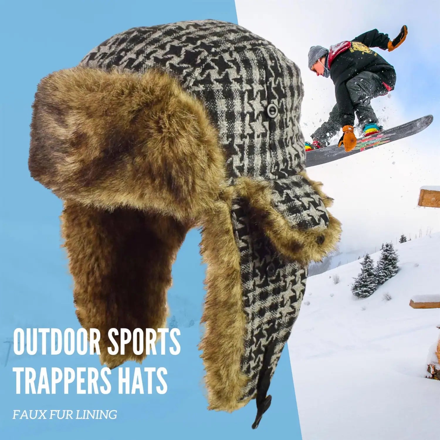 Person snowboarding in the air wearing faux fur lined thermal winter trapper hat
