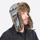 Stylish man wearing faux fur trapper hat for cold weather