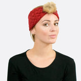 Faux Fur Pom Pom Knitted Headband - Woman in Red Headband on White Background