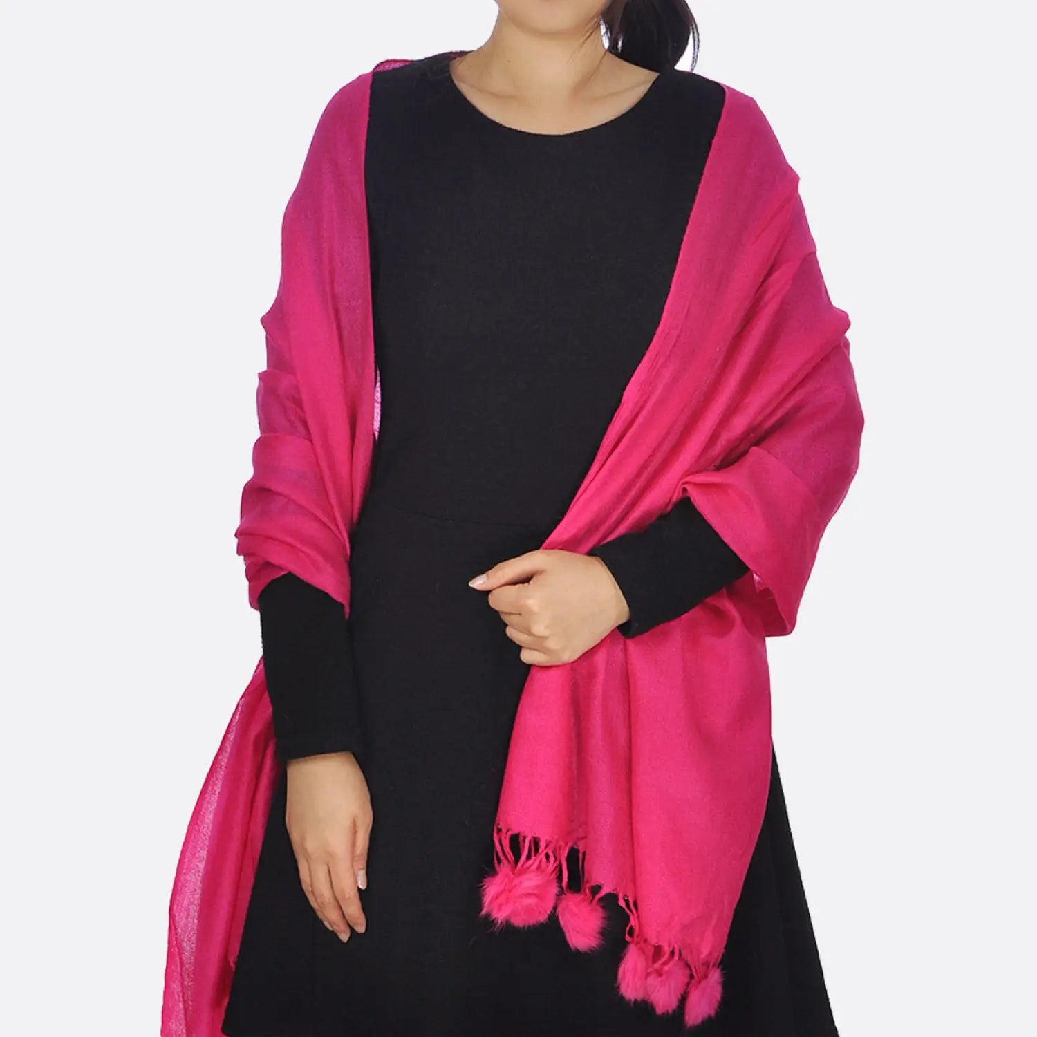 Woman wearing pink scarf, Faux Fur Pom Pom Pashmina Winter Scarf