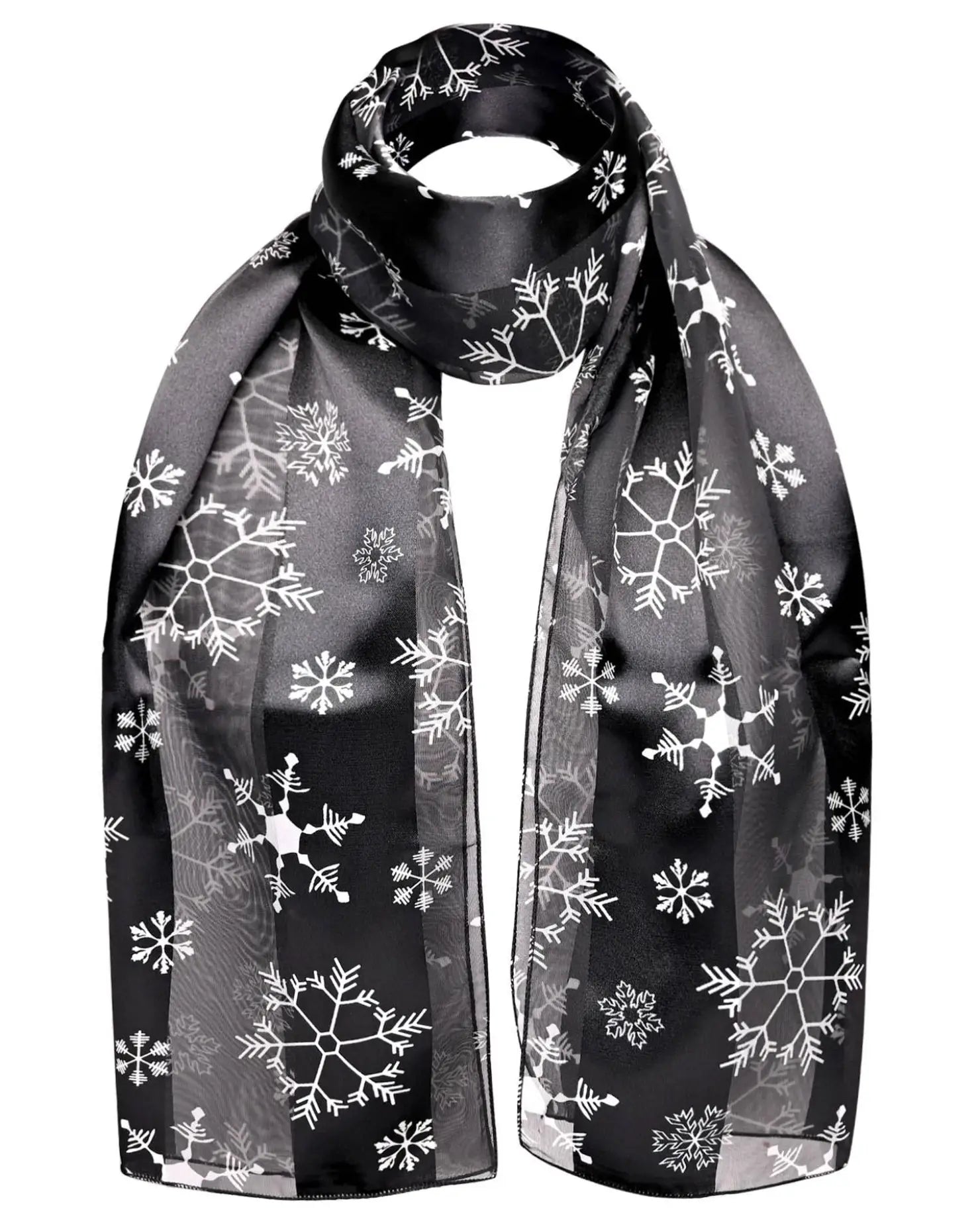 Black and white scarf with snowflakes named Festive Snowflake Satin Stripe Christmas Scarf.