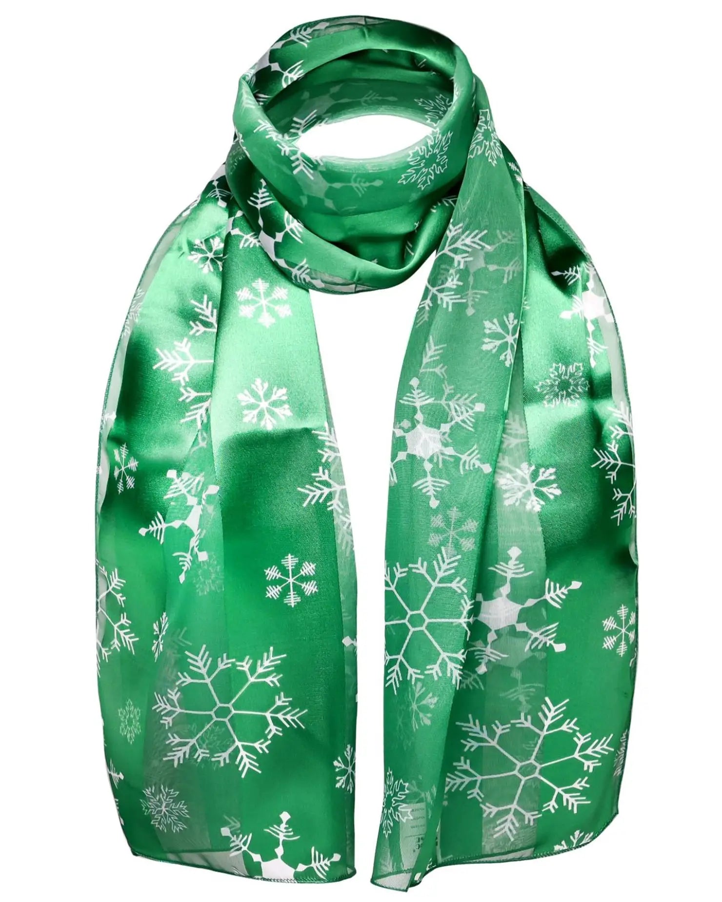 Festive snowflake satin stripe Christmas scarf displayed with green scarf and snowflakes