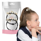 Little girl wearing beaded metallic elastic crown with pearls and flowers.