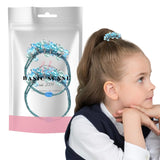 Girl wearing a blue bow holds a bag of hair - Floral & Beaded Metallic Elastic Bobbles.