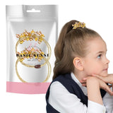 Little girl wearing gold crown with beaded metallic elastic hair band.