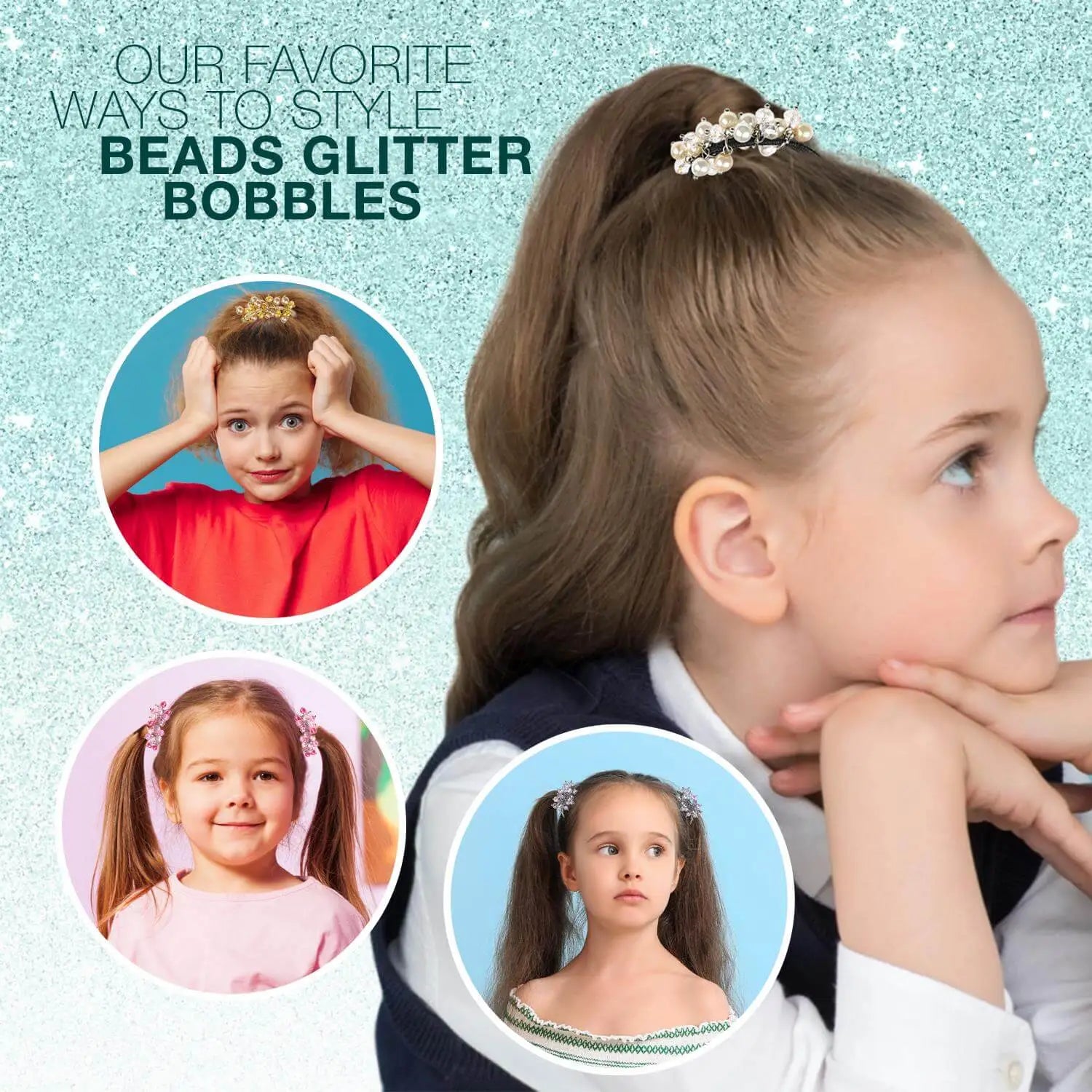 Child with ponytail and beaded metallic elastic hair clip.