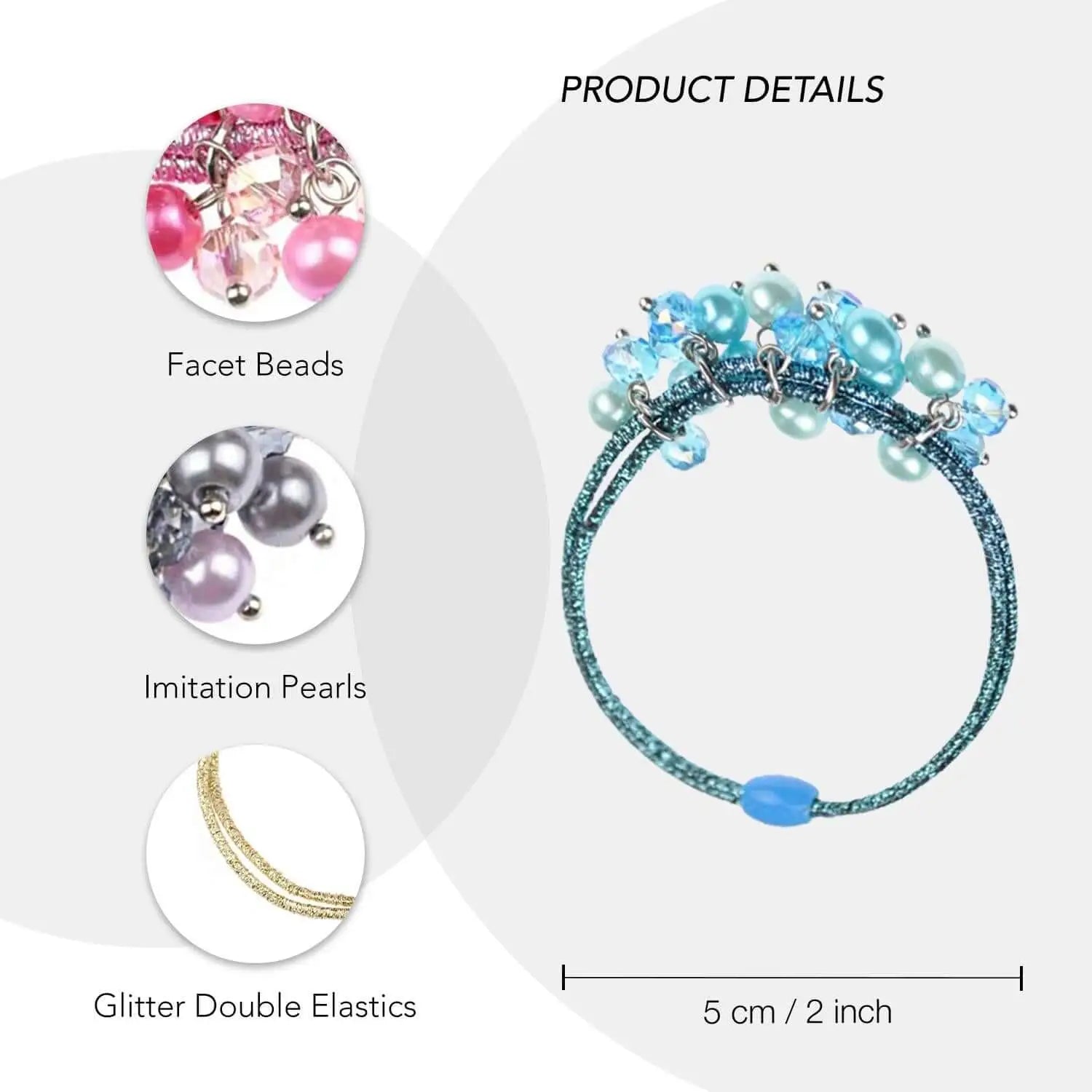 Floral and beaded metallic elastic hair bands product display.