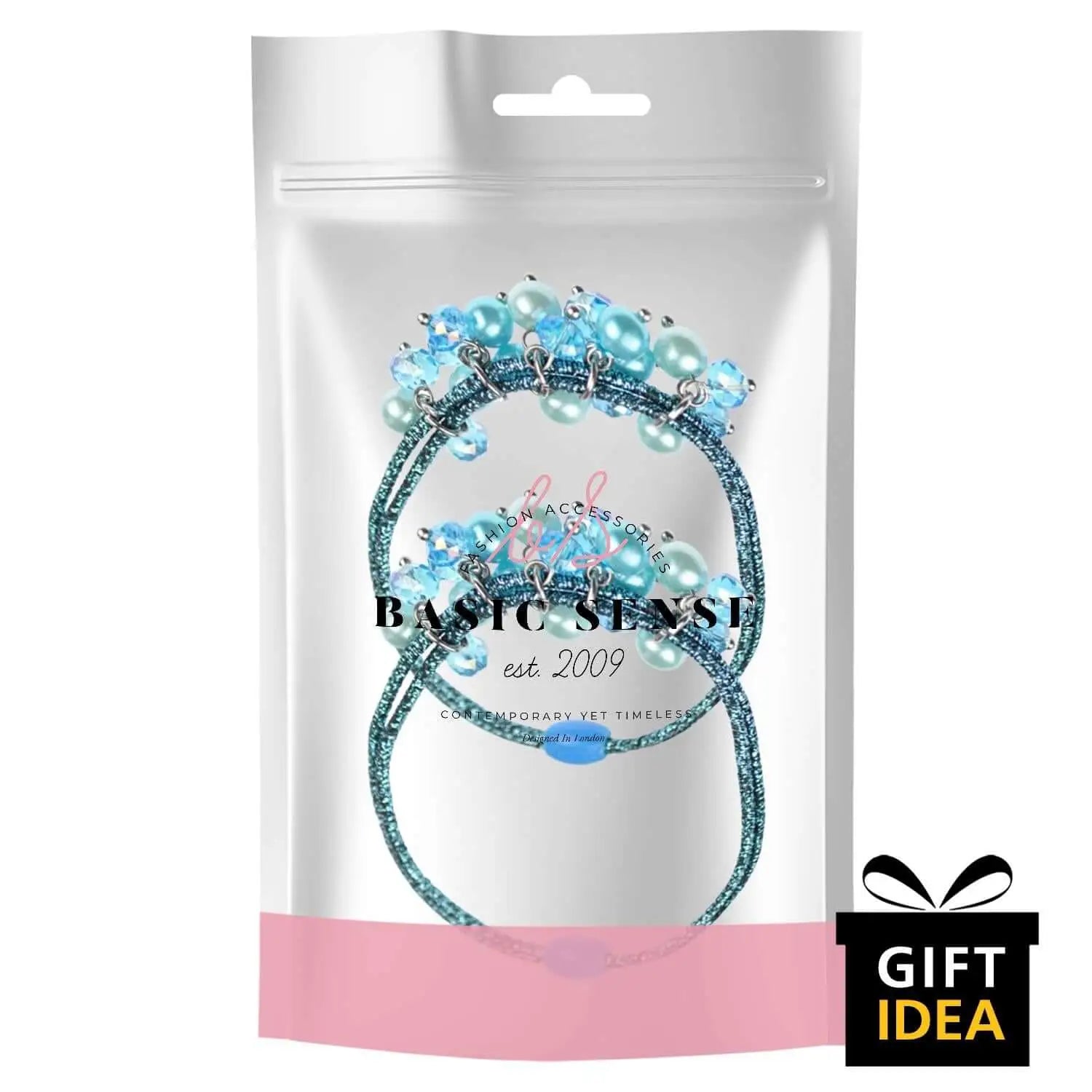 White bag with pink ribbon, blue bracelet - Floral & Beaded Metallic Elastic Bobbles - Durable Double Elastic Hair Bands