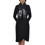 Woman wearing black dress with skull motif, paired with Fringed Trims Floral Embroidered Soft Scarf.