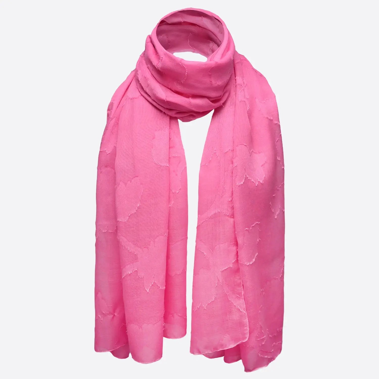 Pink cotton scarf with floral leaf embroidery on a white background