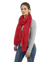Woman wearing red cotton scarf in Floral Leaf Embroidered Cotton Scarf.