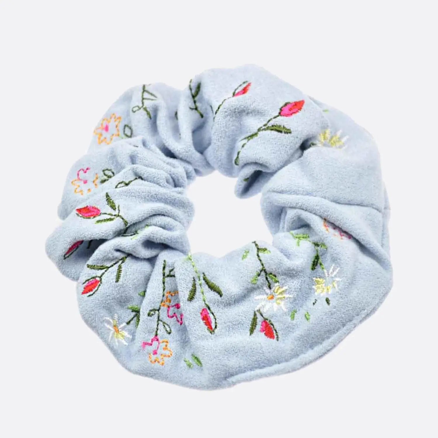 Blue floral print hair scrunchie from the Floral Patterned Chamois Soft Luxurious Hair Scrunchie product.
