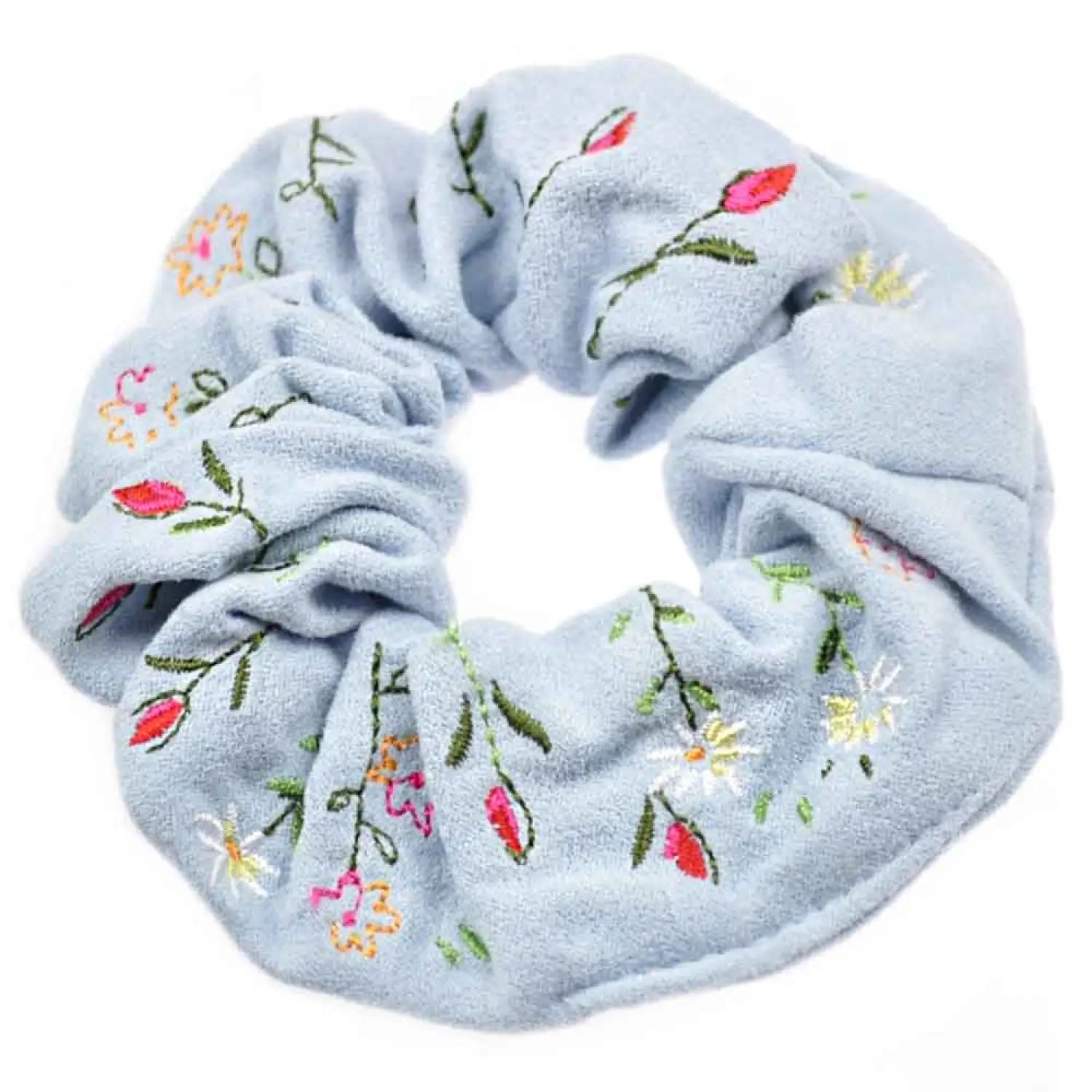 Blue floral patterned chamois soft hair scrunchie