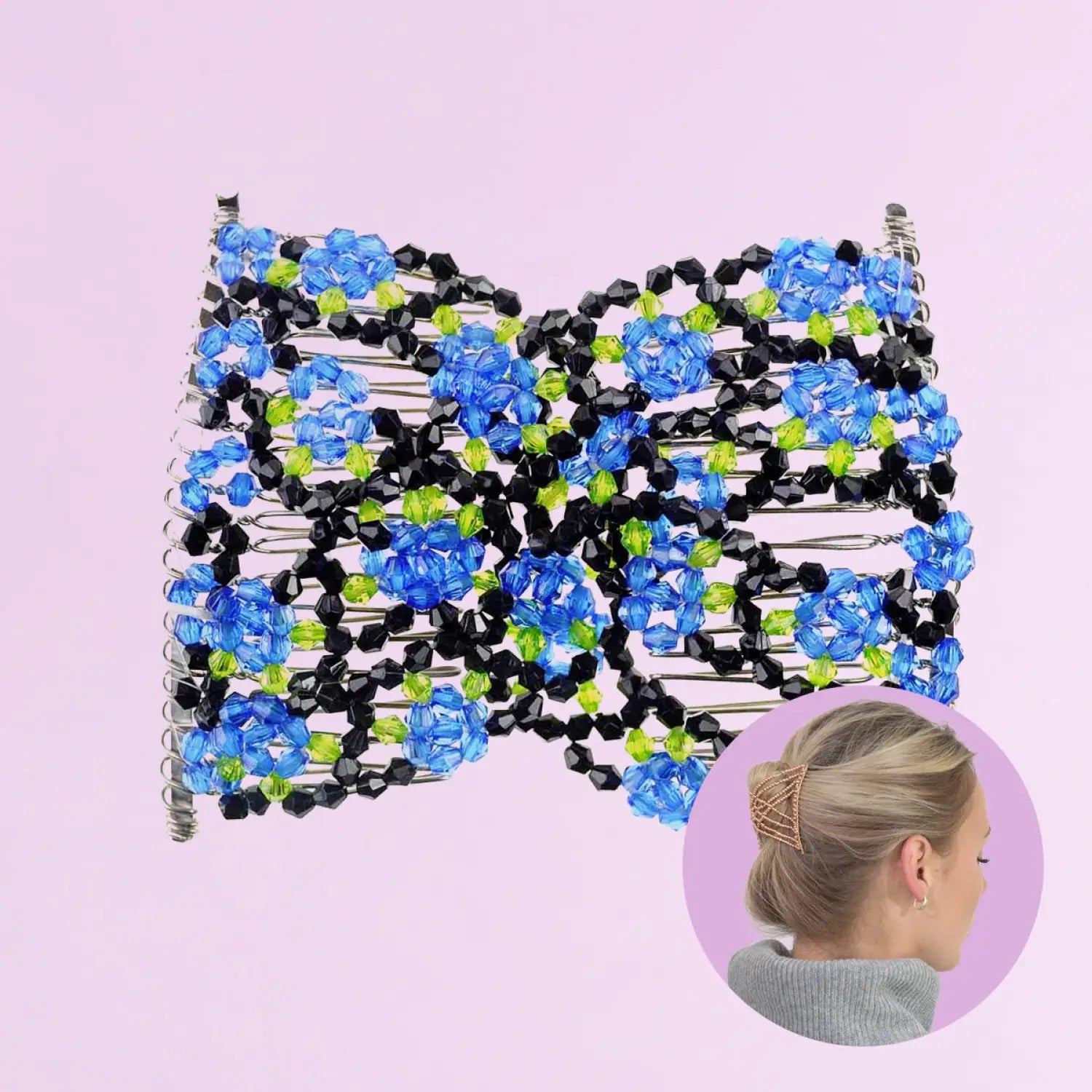 Fashionable woman wearing blue and green flower hair comb from Flower Beads Hair Double Slide Metal magic comb clip.