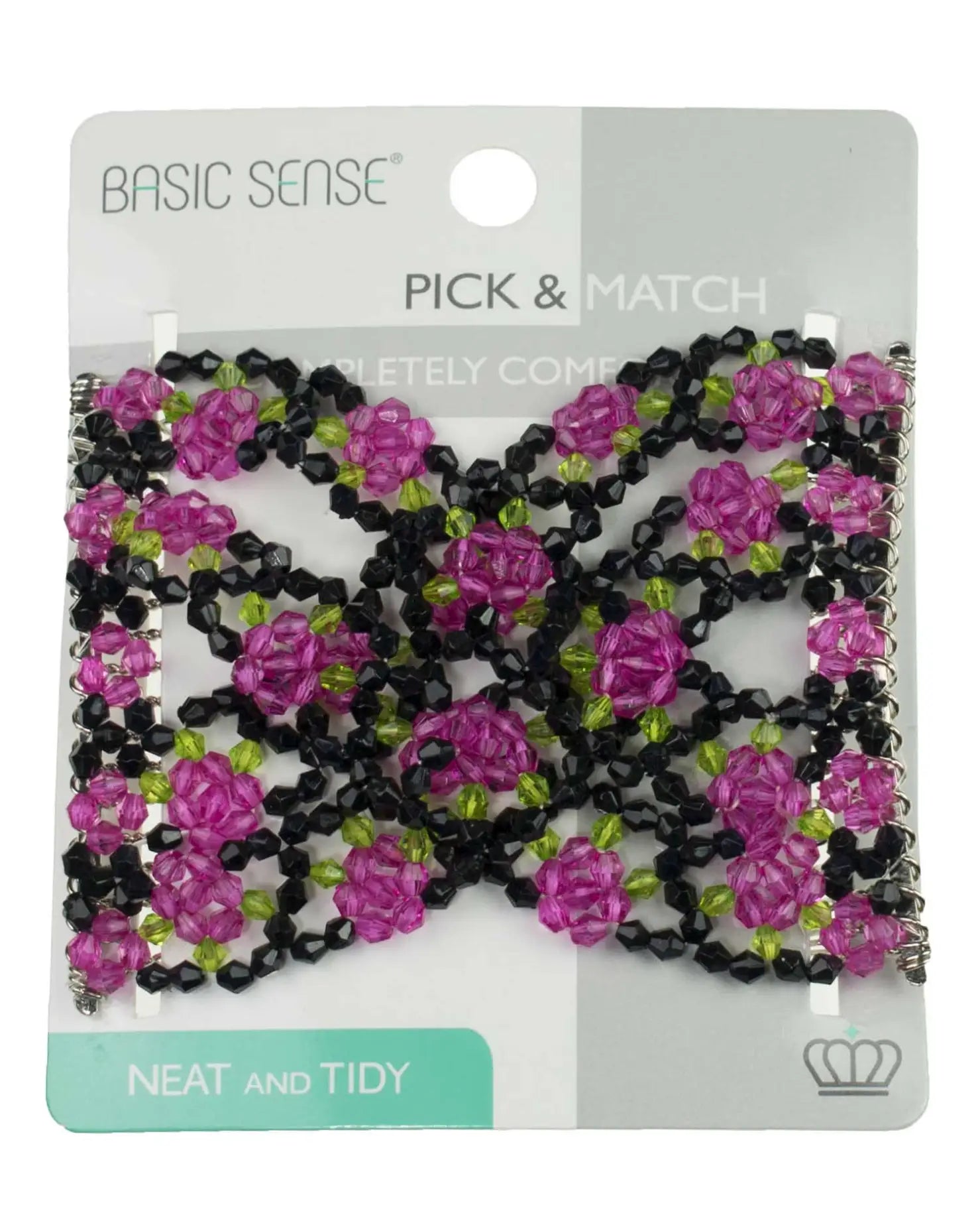 Pink and black flower beaded bracelet on Flower Beads Hair Double Slide Metal Magic Comb Clip.