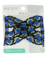Blue flower hair clip with green and black beads on a Magic Comb Clip.