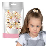 Little girl holding bag of gold and white flowers - Flower Fabric Bobbles with Facet Beads - Hair Elastics