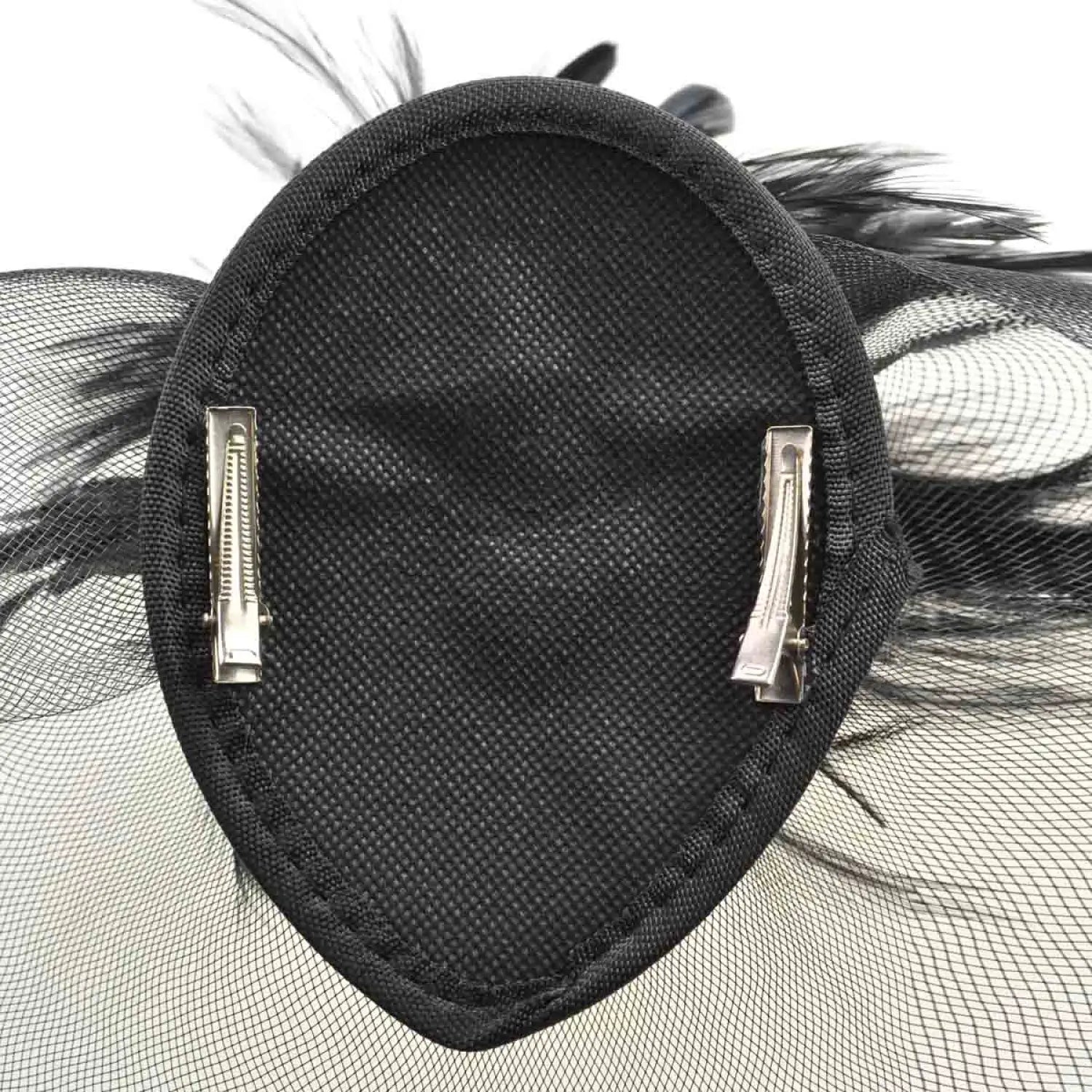 Black and white feather fascinator with flower mesh detail