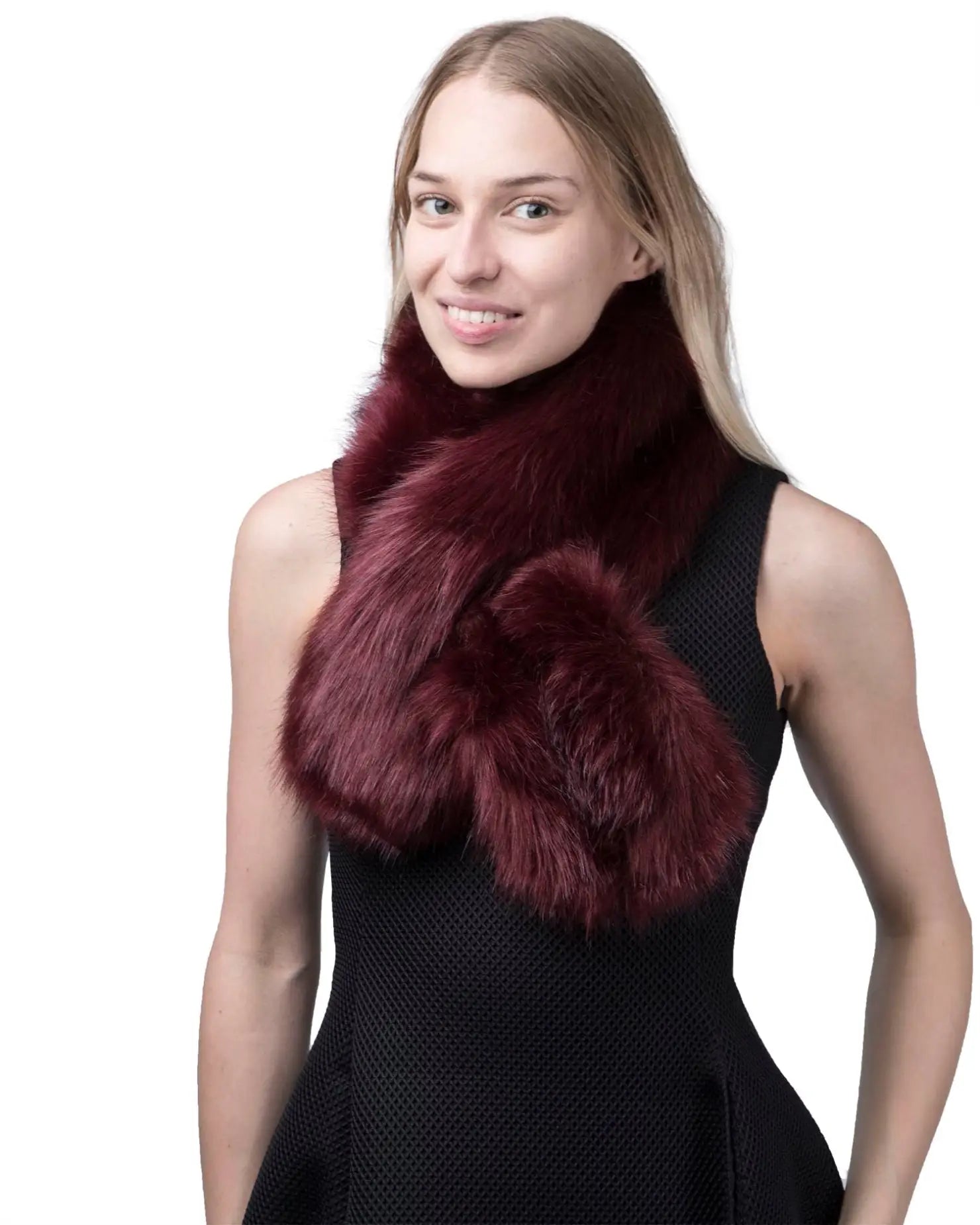 Fluffy faux fur collar tippet wrap scarf with suede lining worn by woman in burgundy faux fur stole.