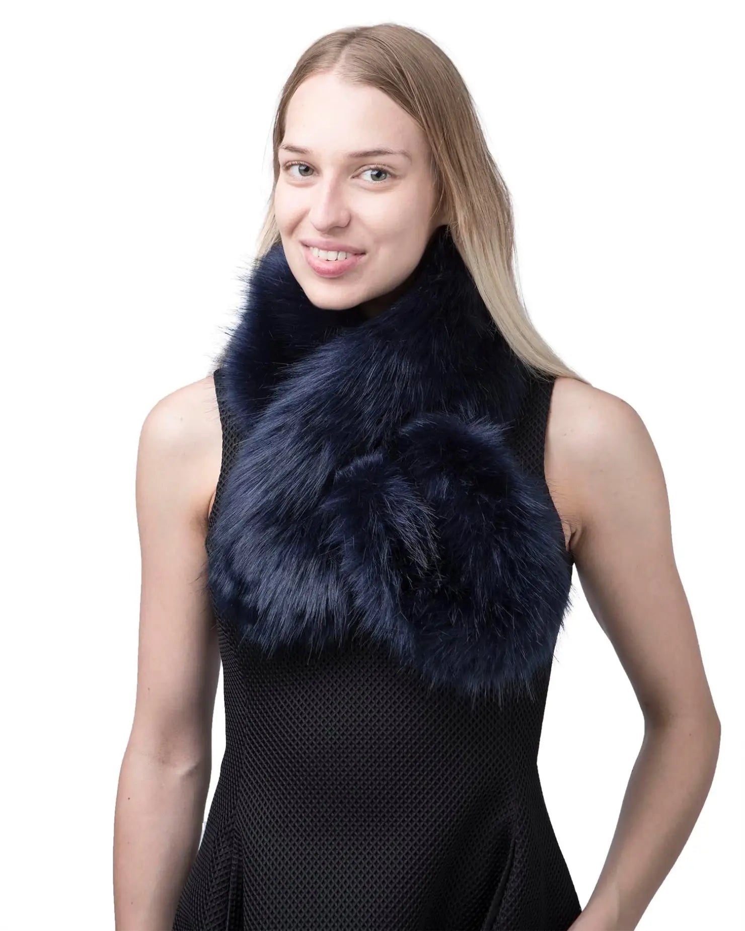Beautiful woman wearing a blue faux fur stole from Fluffy Faux Fur Collar Tippet Wrap Scarf with Suede Lining