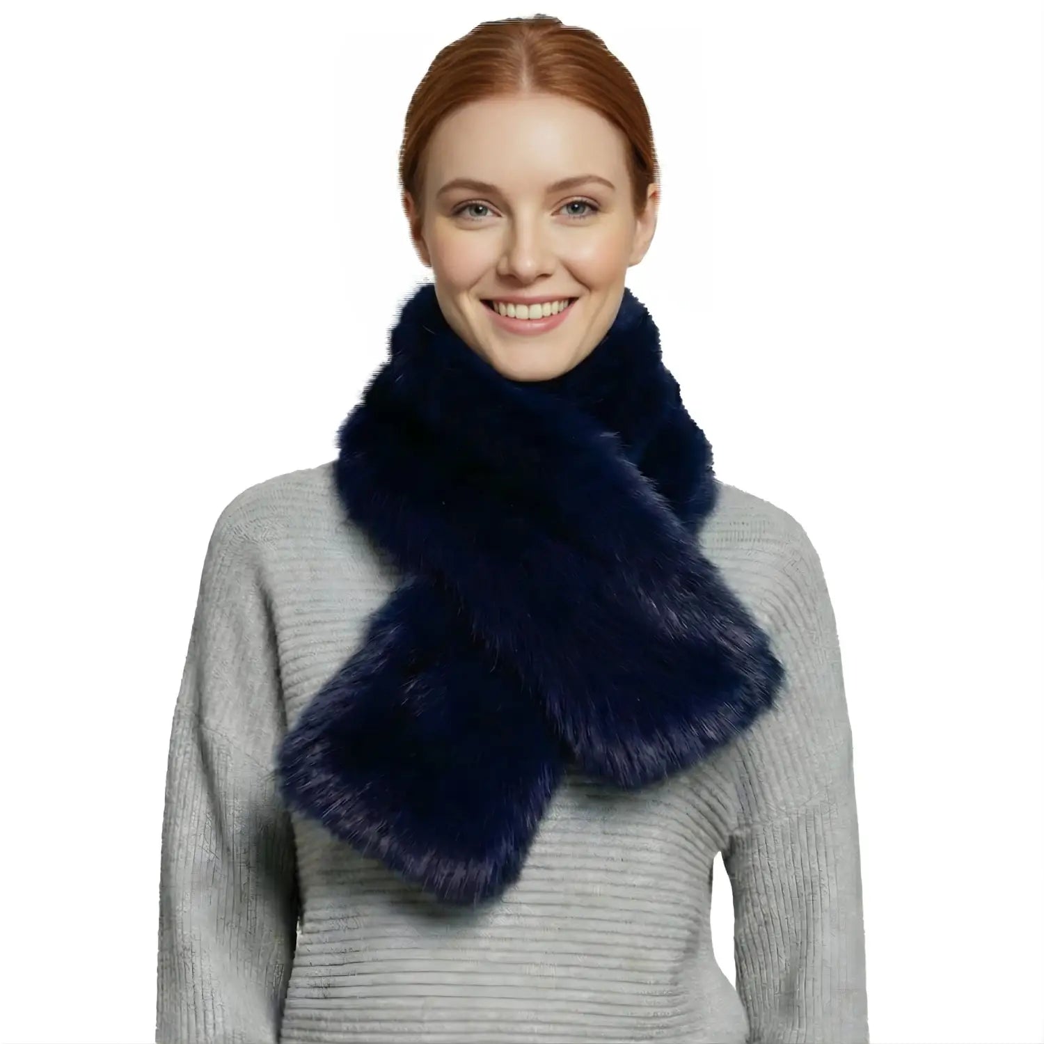 Fluffy Faux Fur Collar Tippet Wrap Scarf with Suede Lining - Navy - Warm Scarves