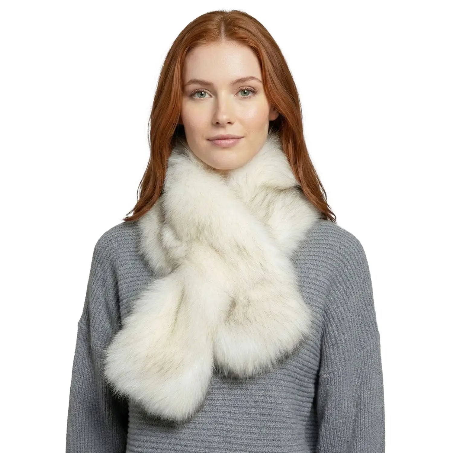 Fluffy Faux Fur Collar Tippet Wrap Scarf with Suede Lining - Off White - Warm Scarves