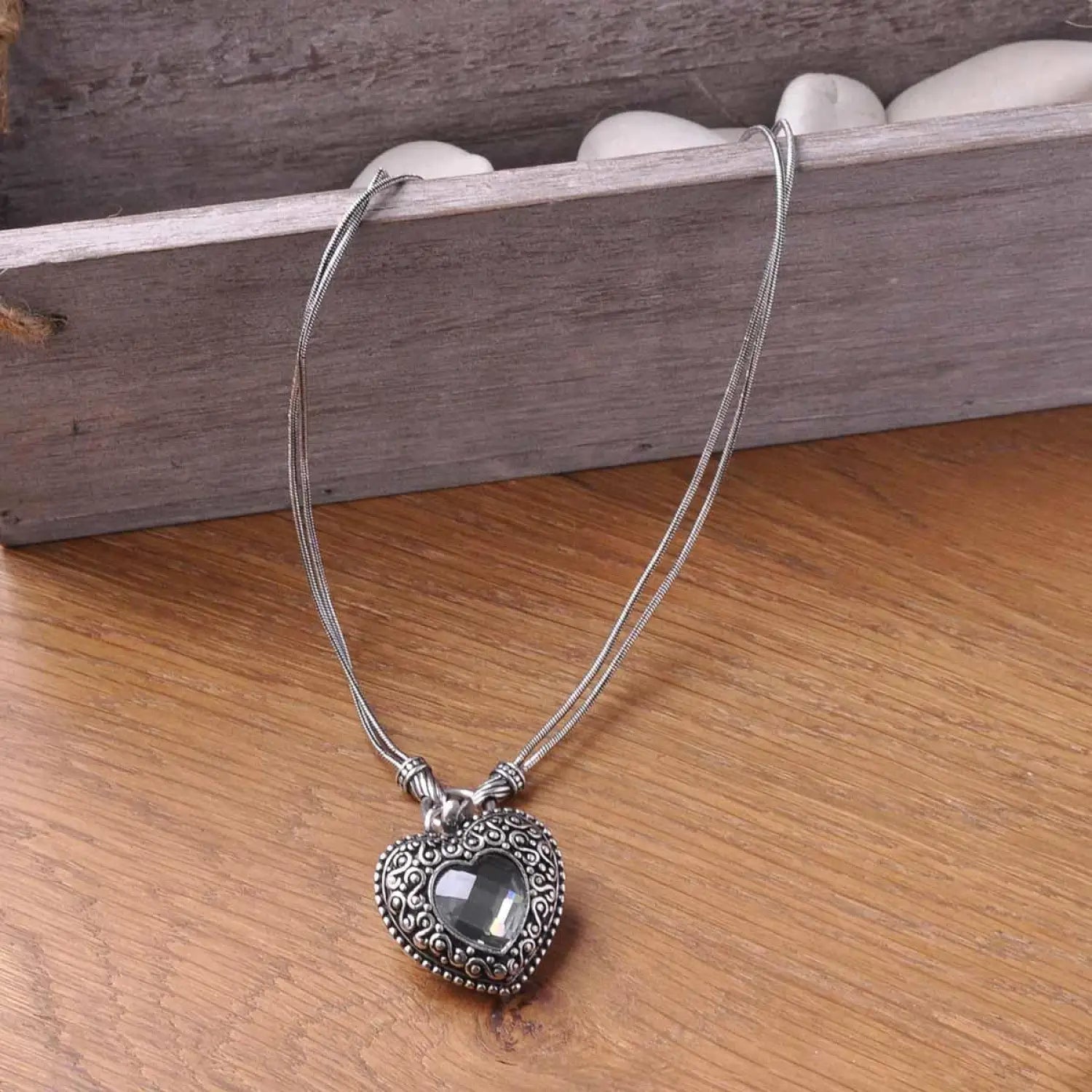 Antique silver necklace with black stone pendant, Gemstone Heart Antique Silver Filigree Pendant Statement Necklace