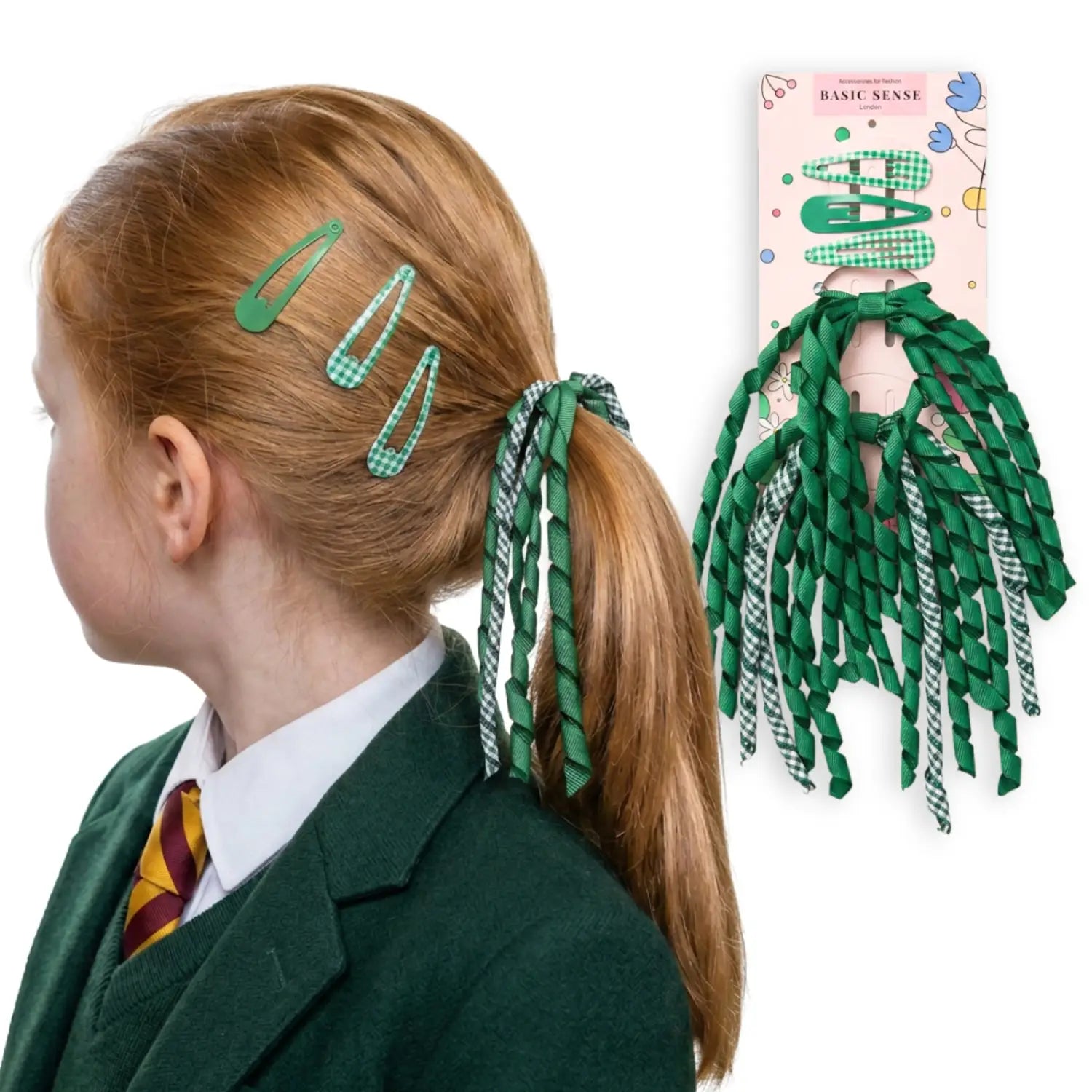Gingham and Plain Spiral Streamer Elastic Hair Pin Set - Green - Hair Accessory Set