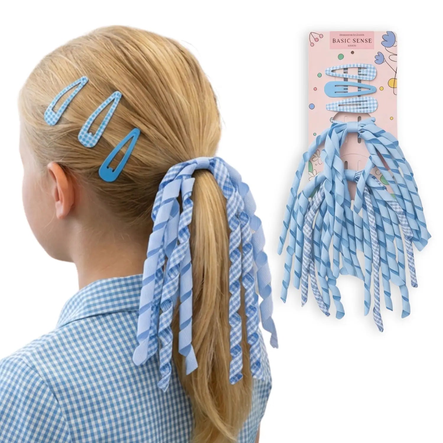 Gingham and Plain Spiral Streamer Elastic Hair Pin Set - Mid Blue - Hair Accessory Set