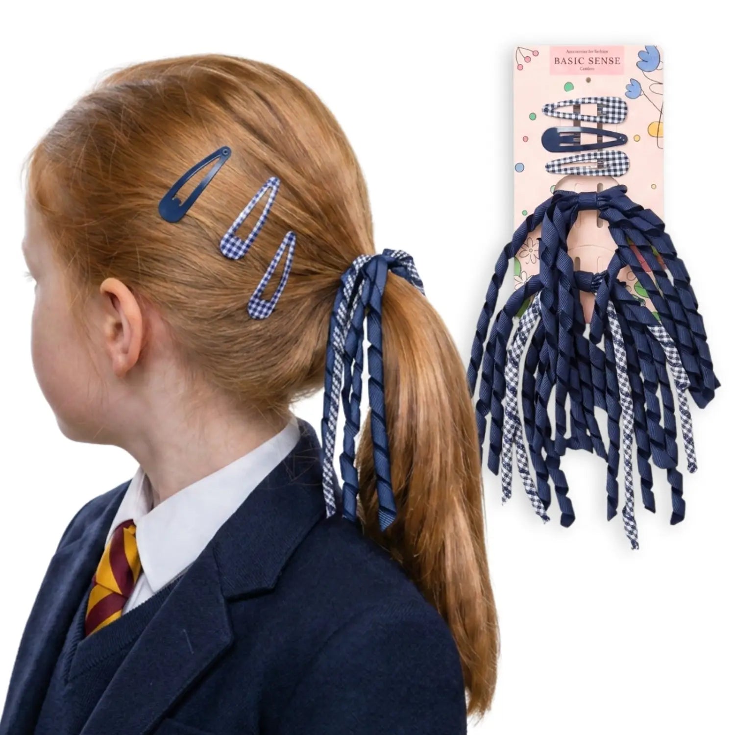 Gingham and Plain Spiral Streamer Elastic Hair Pin Set - Navy - Hair Accessory Set