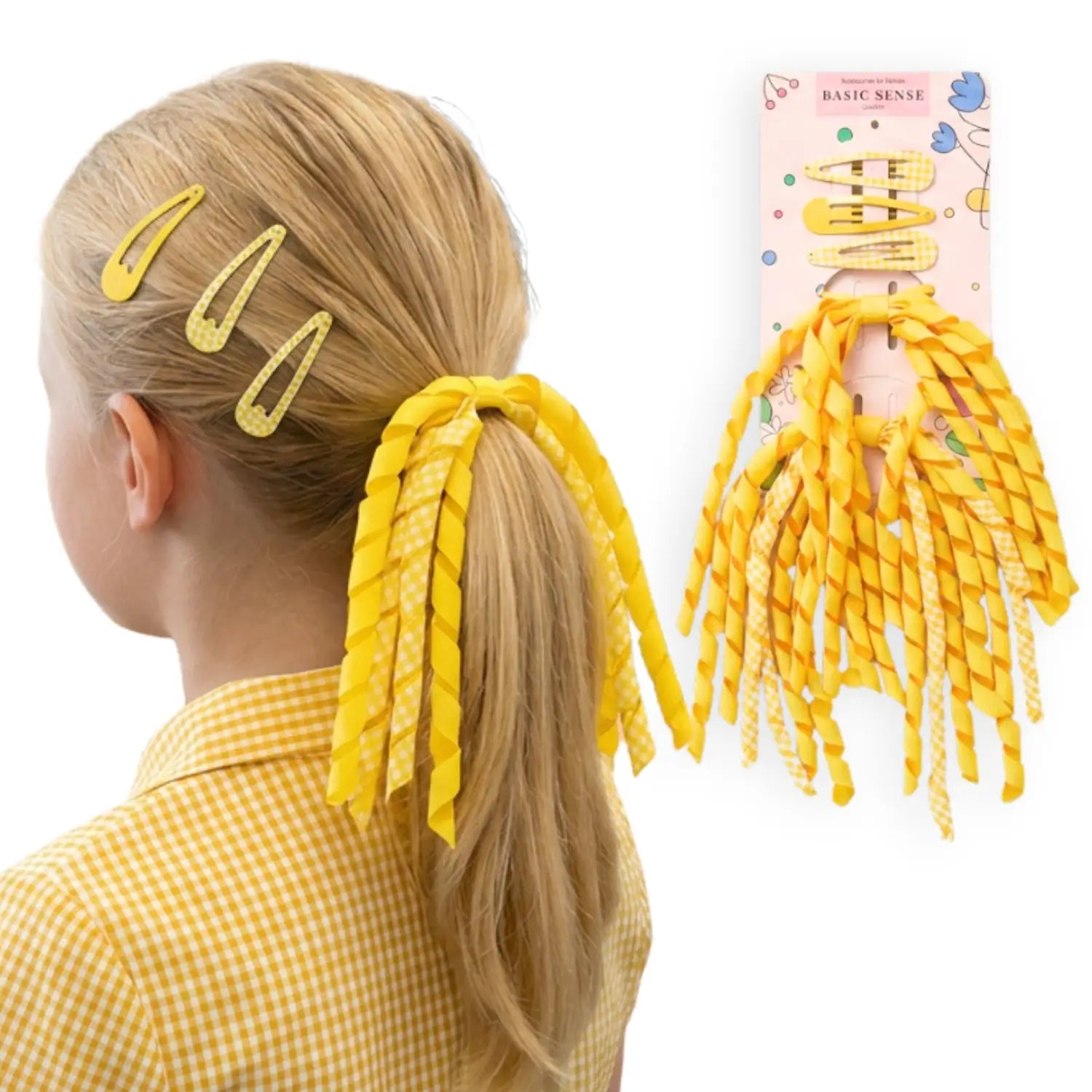 Gingham and Plain Spiral Streamer Elastic Hair Pin Set - Yellow - Hair Accessory Set