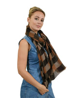 Woman wearing a gingham check print scarf