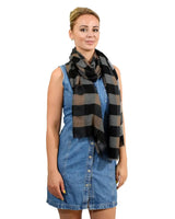 Woman wearing gingham check print scarf