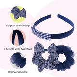 Girls Gingham Check School Hair Accessories Set: Scrunchies and Headband