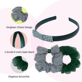 Girls Gingham Check School Hair Accessories Set: Scrunchies and Headband in three colors